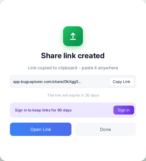 BugCapturer share link created dialog