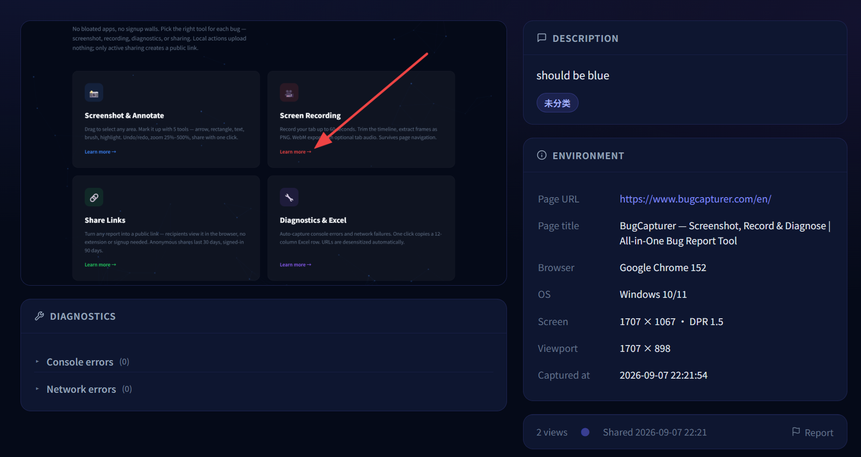 Real shared bug report page: description, environment info and diagnostics
